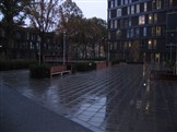 Podium, zitbanken en vlonders met boom te Hogeschool Utrecht